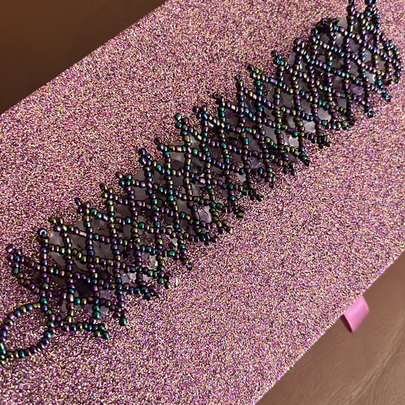 Genuine Amethyst and Borealis Seed Beaded Adjustable Cuff Bracelet - Picture 5 of 9